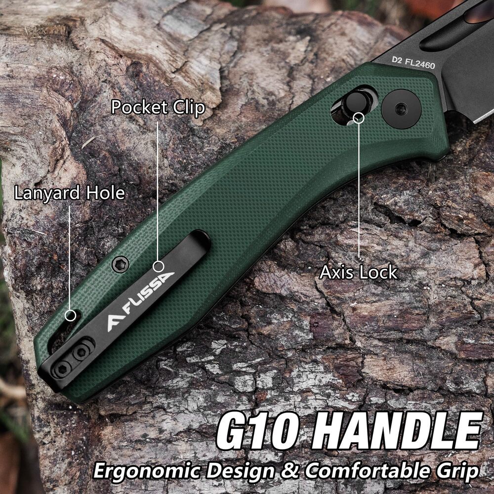 FLISSA Tactical Folding Pocket Knife Axis Lock 3.5" D2 Steel Blade G10 Handle US
