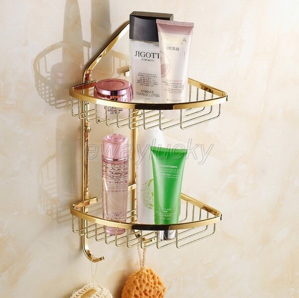 Gold Color Brass Corner Shower Caddy 2 Tier Bath Storage Shelf Rack Basket
