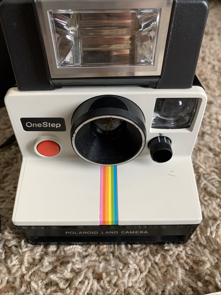VTG Polaroid Rainbow Stripe One Step Land Instant Camera, ITT Magic Flash & Case