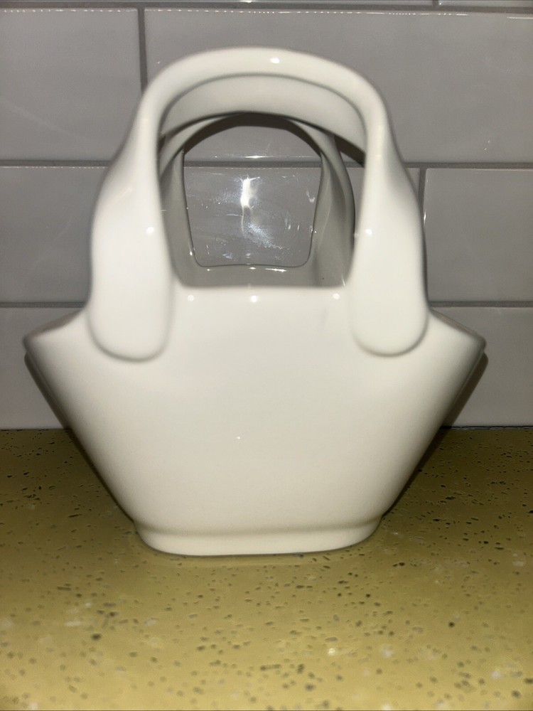 Pottery Barn Ceramic Basket 6.75" Ivory White Double Handle Easter Spring Summer