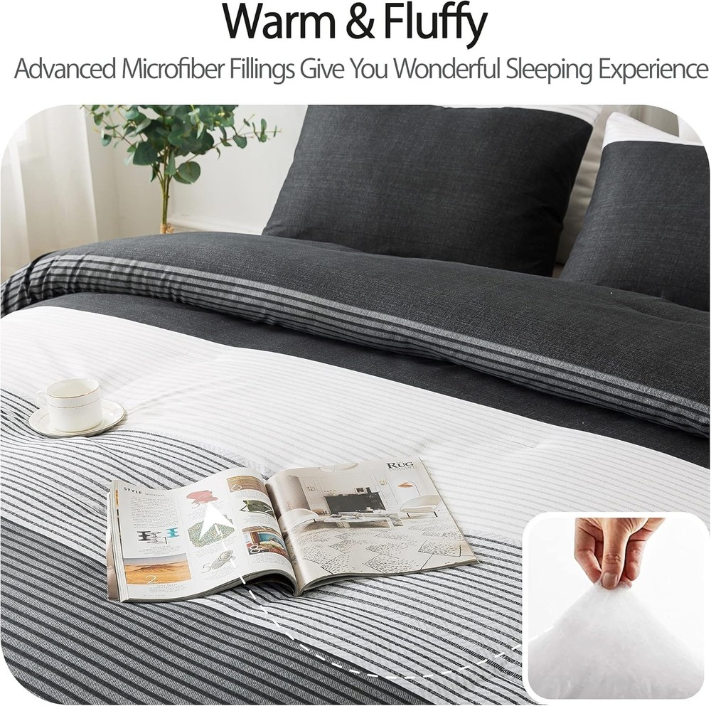 Full Size Comforter Set,3 Pieces Black White Gray Patchwork Striped