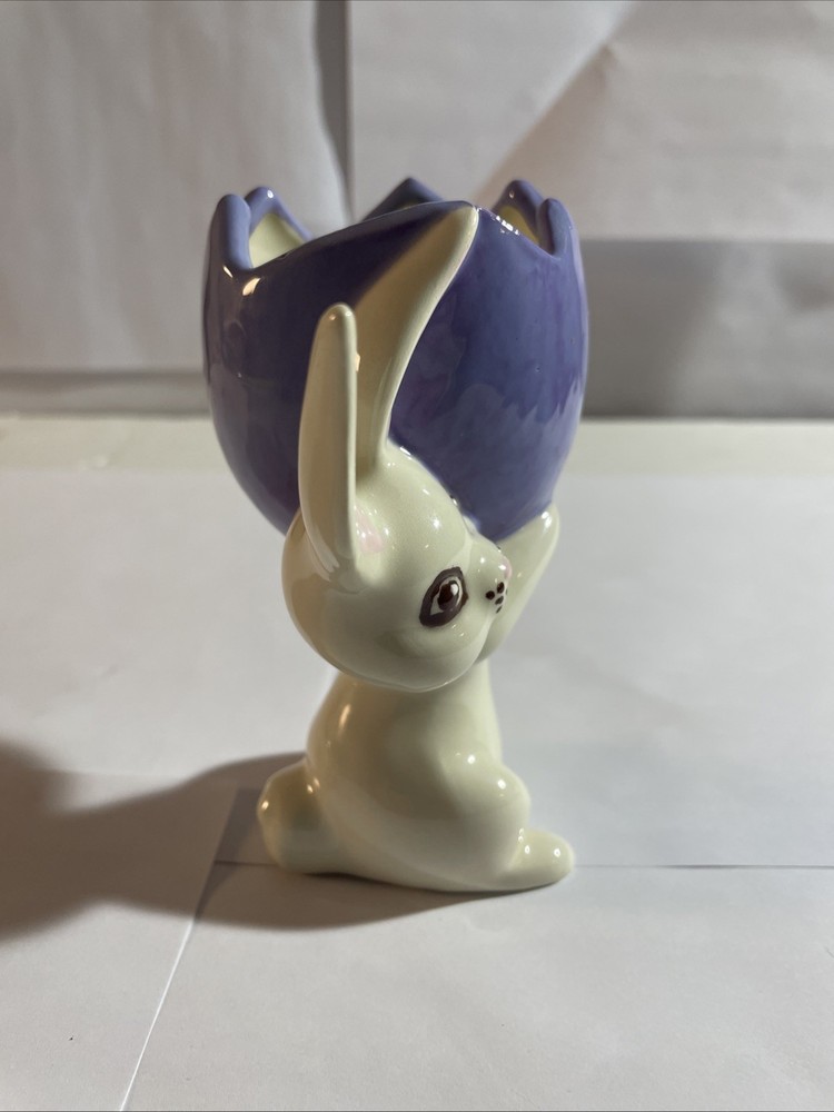 Ceramic Easter Egg Bowl with Bunny Flowers Vintage