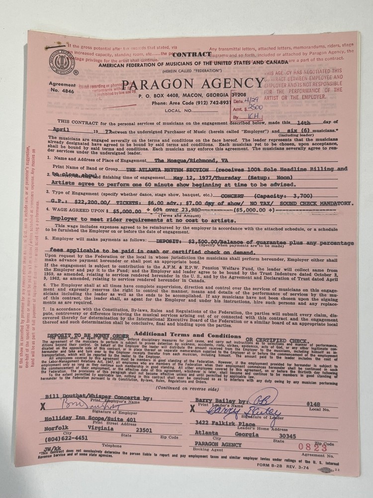 The Atlanta Rhythm Section Concert Contract 1977 Richmond VA