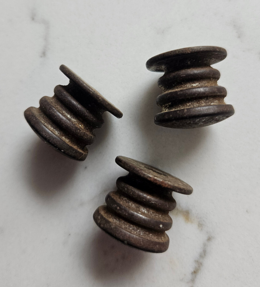 3 Antique Steel Ribbed Knobs 5/8" x 5/8"
