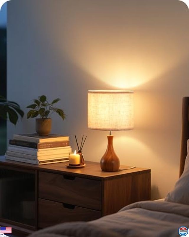 Charming 14.2" Small Table Lamp - Wood Bottle Base, Beige Shade, E26 Socket