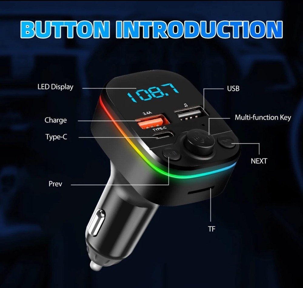 Car FM Transmitter Bluetooth 5.0 Handsfree With TypeC Dual USB 3.4A Fast Charger