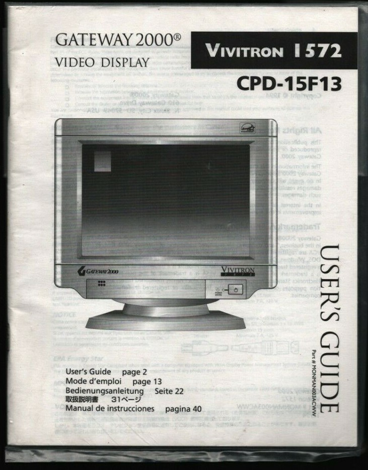 Gateway 2000 Computer System Video Display User's Guide & Reference 102021WEEB