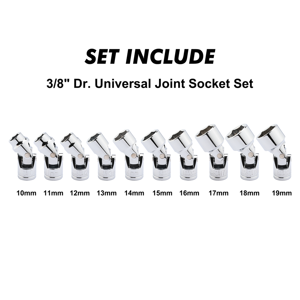 3/8" Drive Universal Joint Socket Set 10 Pcs Flex Socket Set 6Point Cr-V 10-19mm