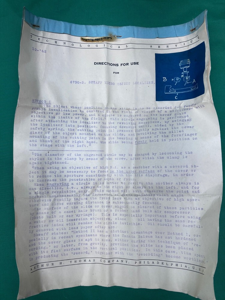 Vintage Thomas Sheaf Microscope Object Localizer Scribe Circle on Cover Glass