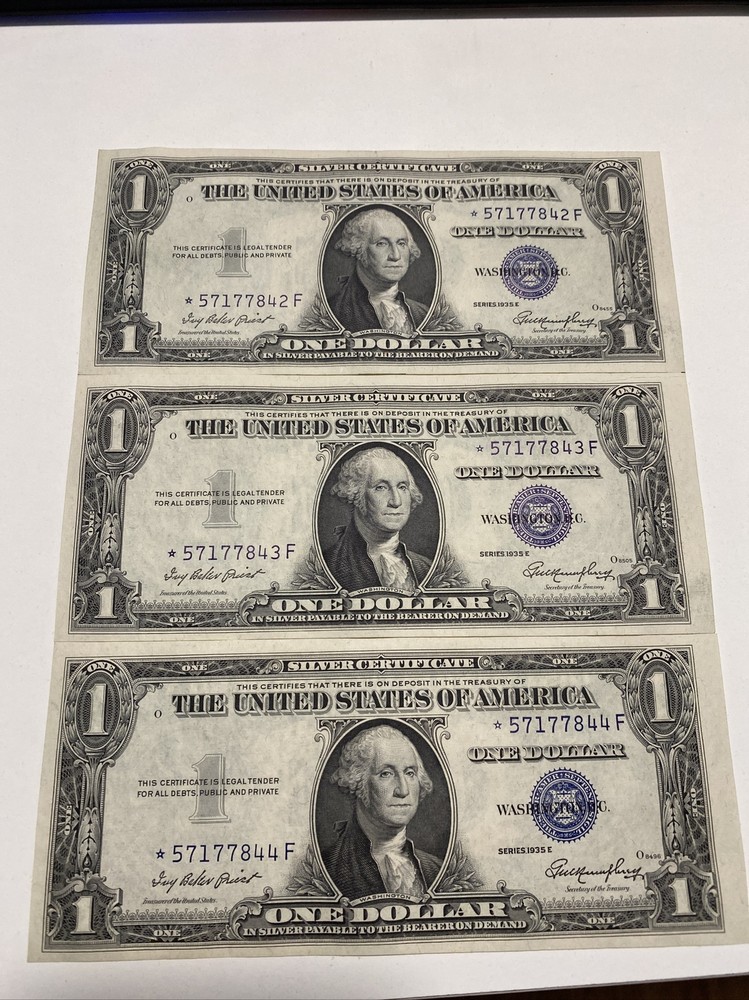 3 consecutive Error  1935E Misaligned Star* $1 Silver Certificate UNC！TOP RARE！