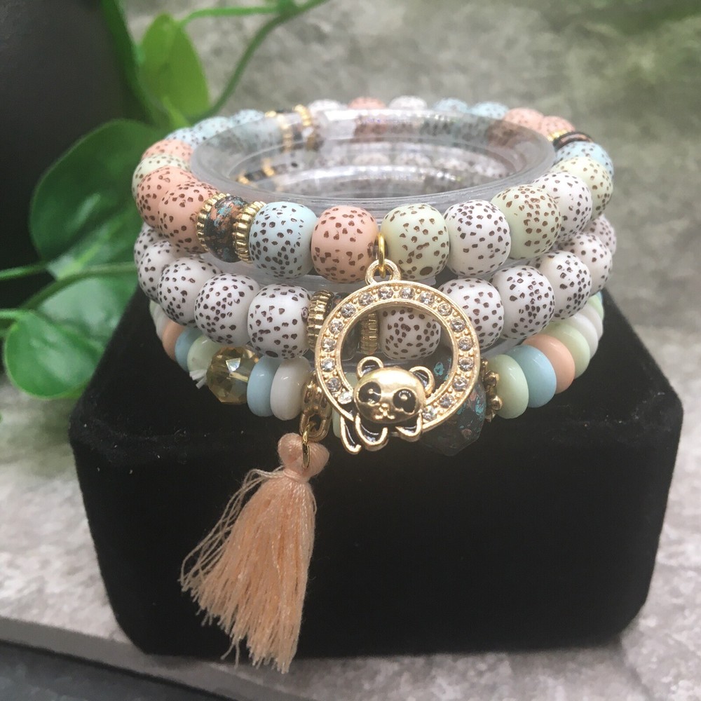 3 PC Handmade Boho Beaded Stackable 6.50" Plus Stretch Panda Bracelet Set A788