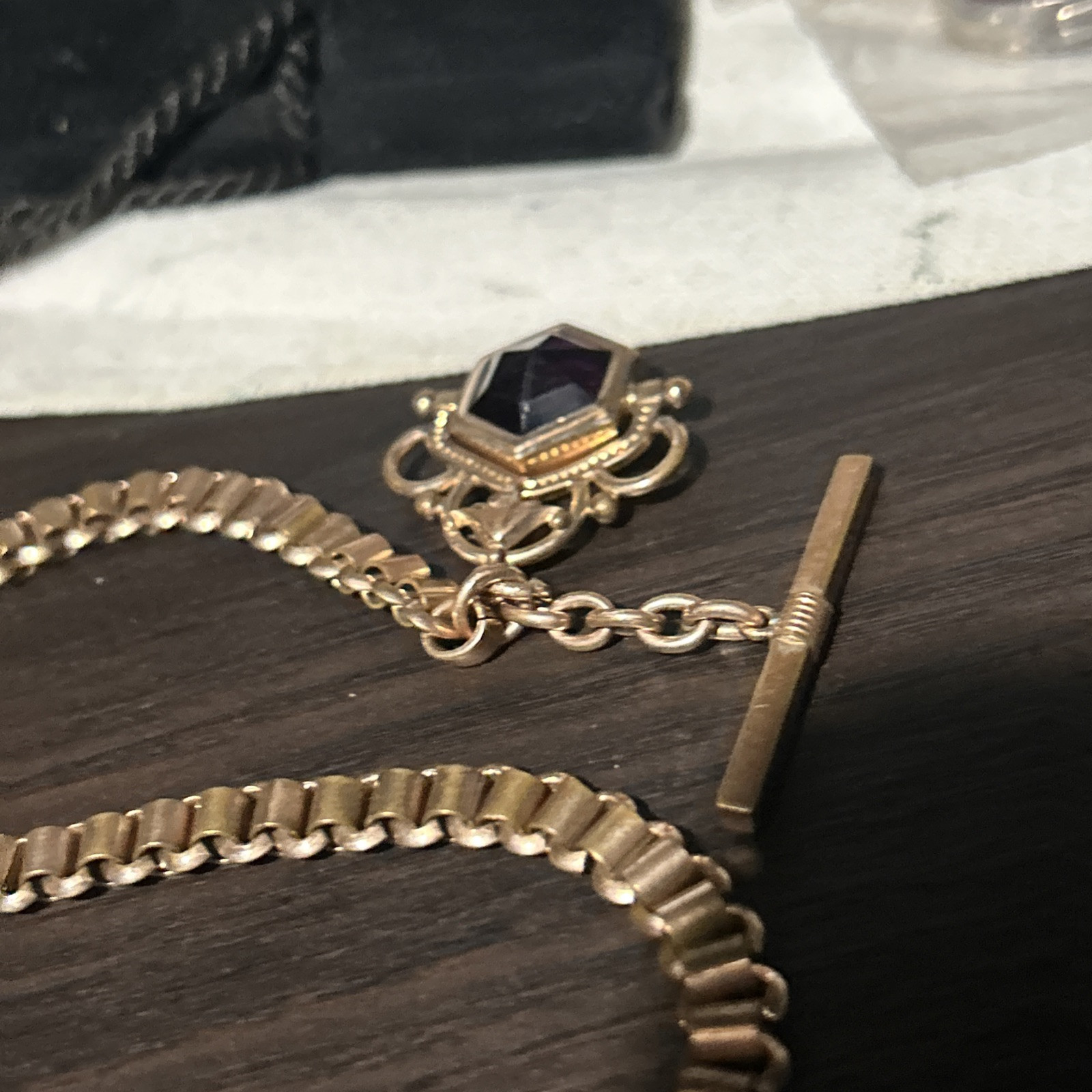 Victorian Rose Gold Fill Purple Watch Fob Spinner Book Link Chain Large Ring