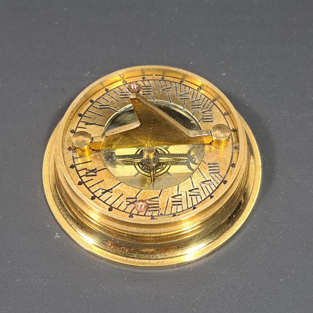 Vintage Solid Brass Compass with Folding Sundial - Maritime Navigation
