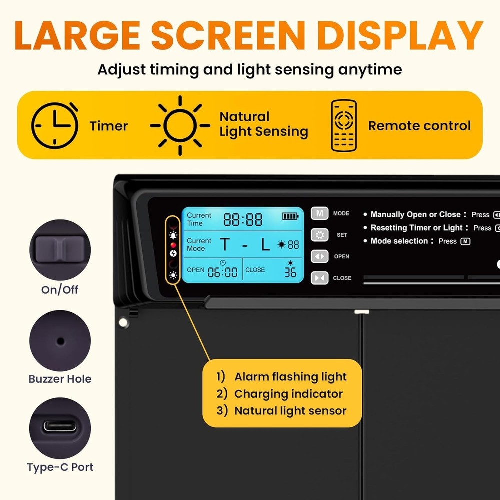 Extra Large Automatic Chicken Coop Door Solar Powered with Remote - LCD Display,
