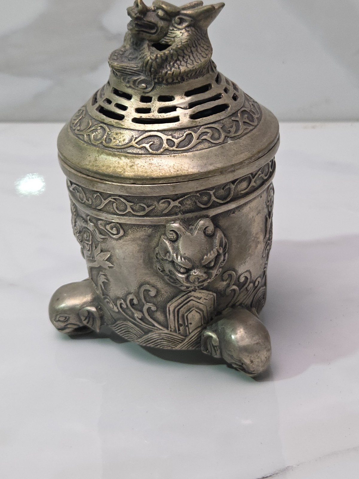 6" Qianlong Marked Copper Silver Dragon Beast Pattern Incense Burner Censer VTG