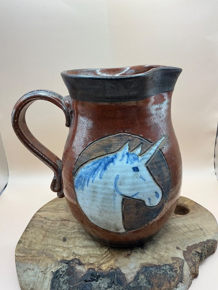 Handmade Pottery Unicorn Pitcher Signed Glazed (2 tiny chips on mouth)