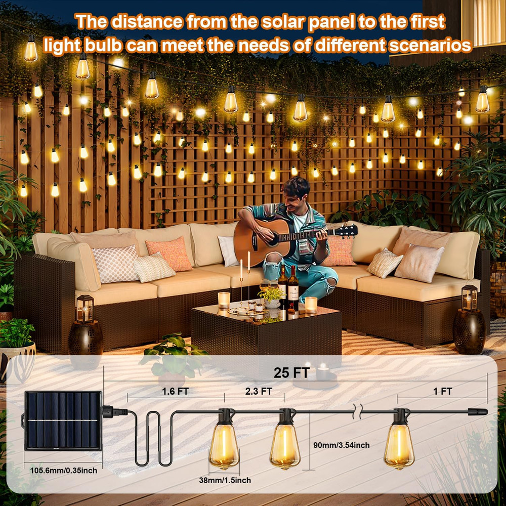 25FT Solar String Lights Outdoor Waterproof with Remote & Timer LED Shatterproof
