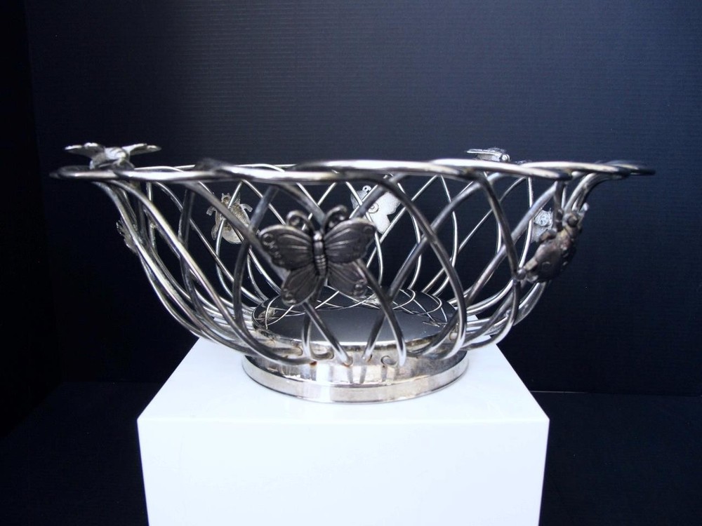 Godinger Silverplate Serving / Bread / Fruit Basket Butterfly Dragonfly Bee Bug