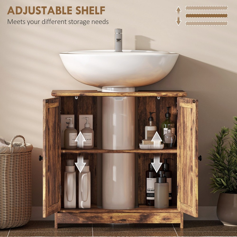Under Sink Bathroom Cabinet with 2 Doors and Shelf, Rustic Brown