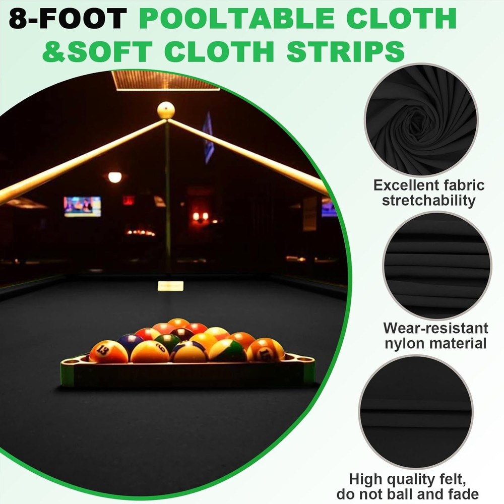 K66 Pool Table Felt and Bumpers Kit, Professional 8Ft Replacement Kit Rail Cushi
