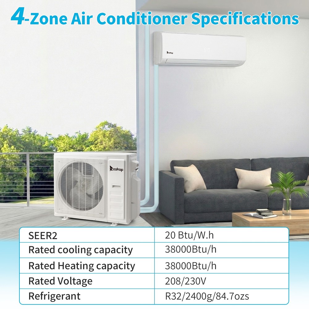 4 Zone Mini Split 38000BTU Quad Zone Mini Split Air Conditioner 4 x 25Ft Copper
