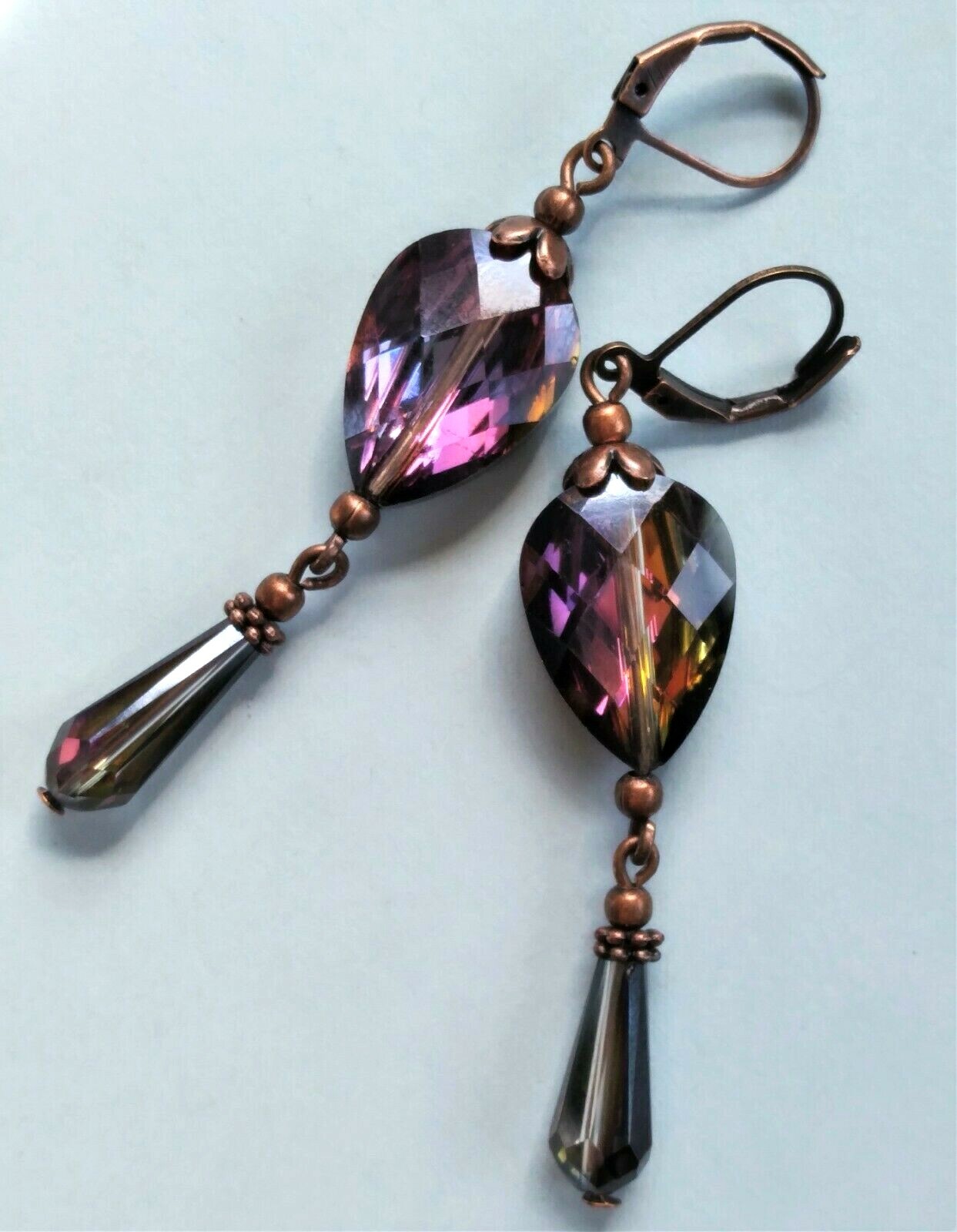 colorized BURGUNDY BLACK dangle crystal earring COPPER LEVERBACK handmade XCBA