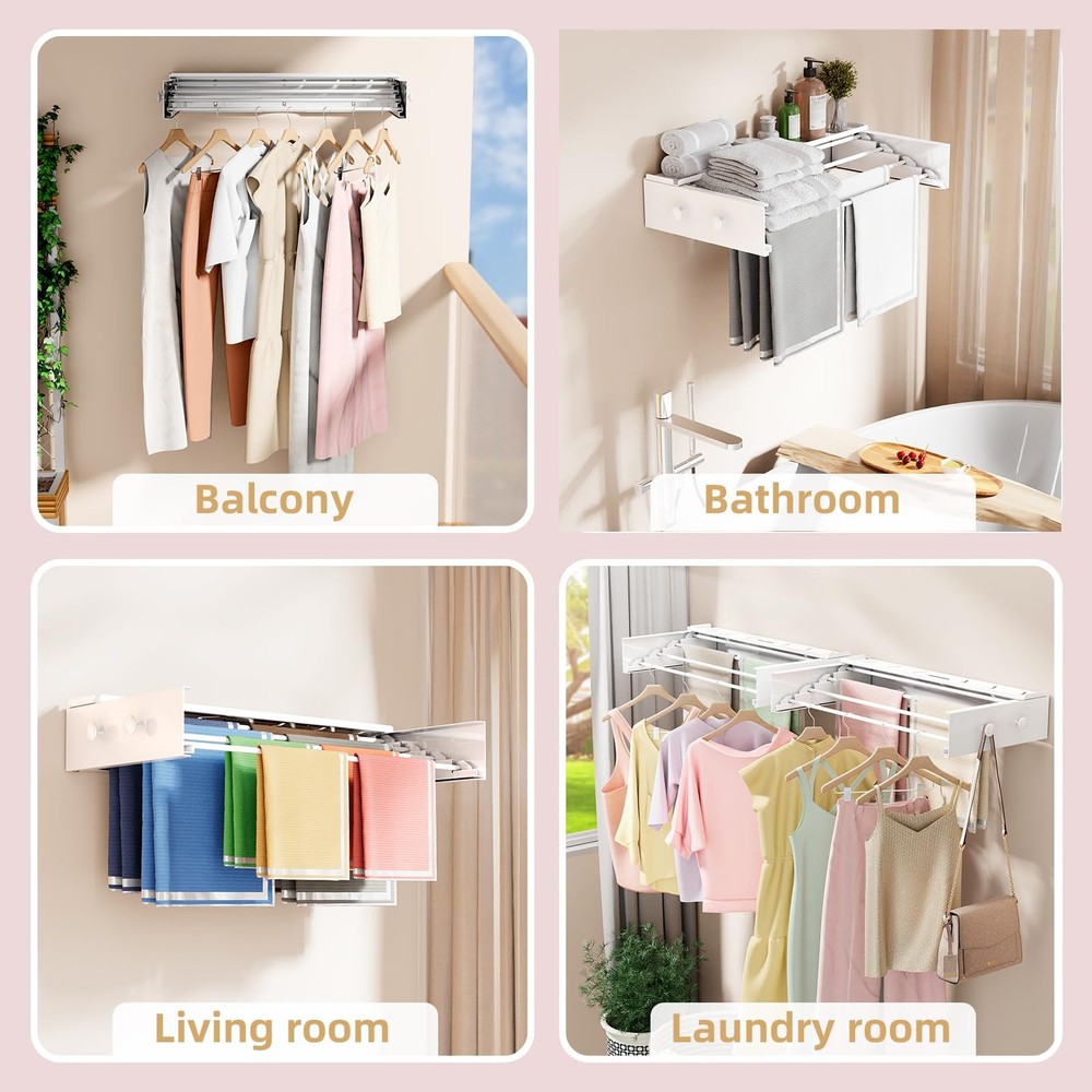 Wall Mounted Drying Rack with 4 Hooks and Shelf, Foldable Clothes Drying Rack...