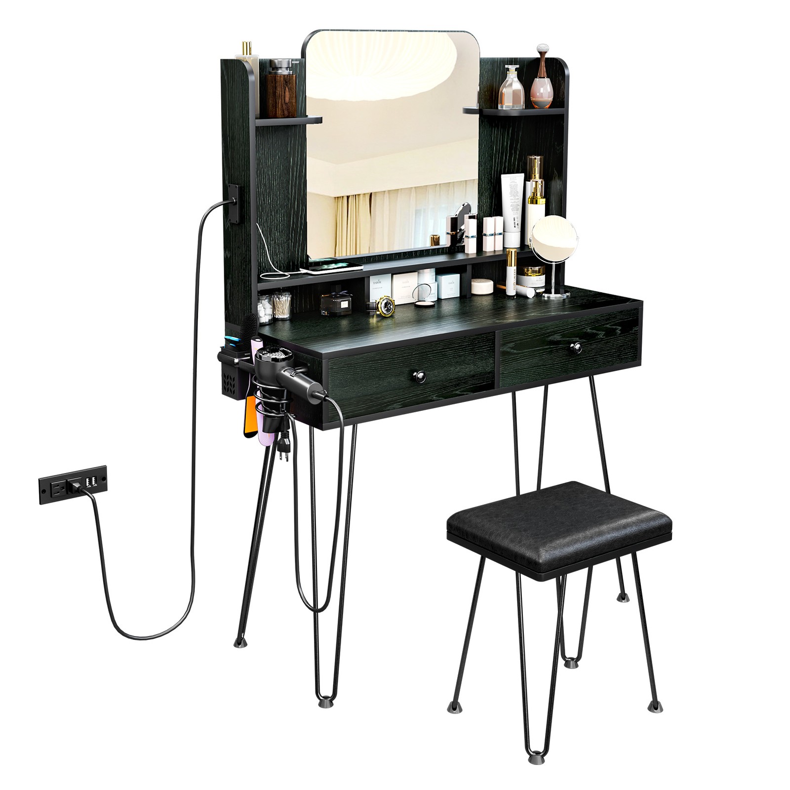 Makeup Vanity Table Set with Charging Station + vanity Stool Dressing Table Desk