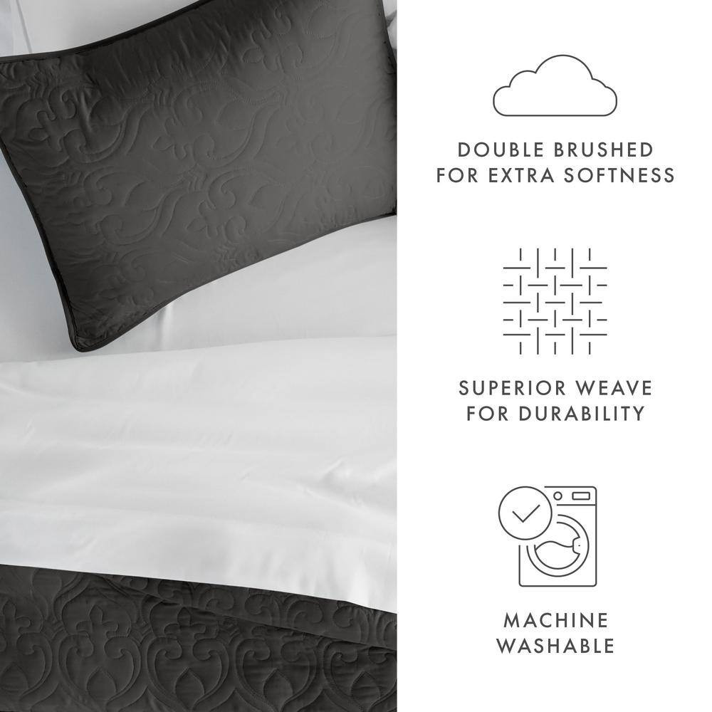Damask Gray Microfiber Queen Performance Quilted Coverlet Set