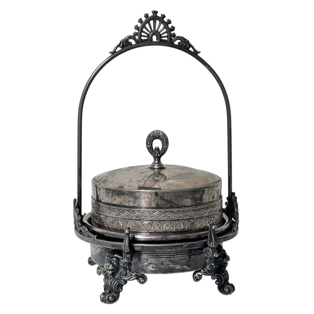 Antique Victorian Silverplate Butter Biscuit Jar Lion Footed Manhattan Quadruple