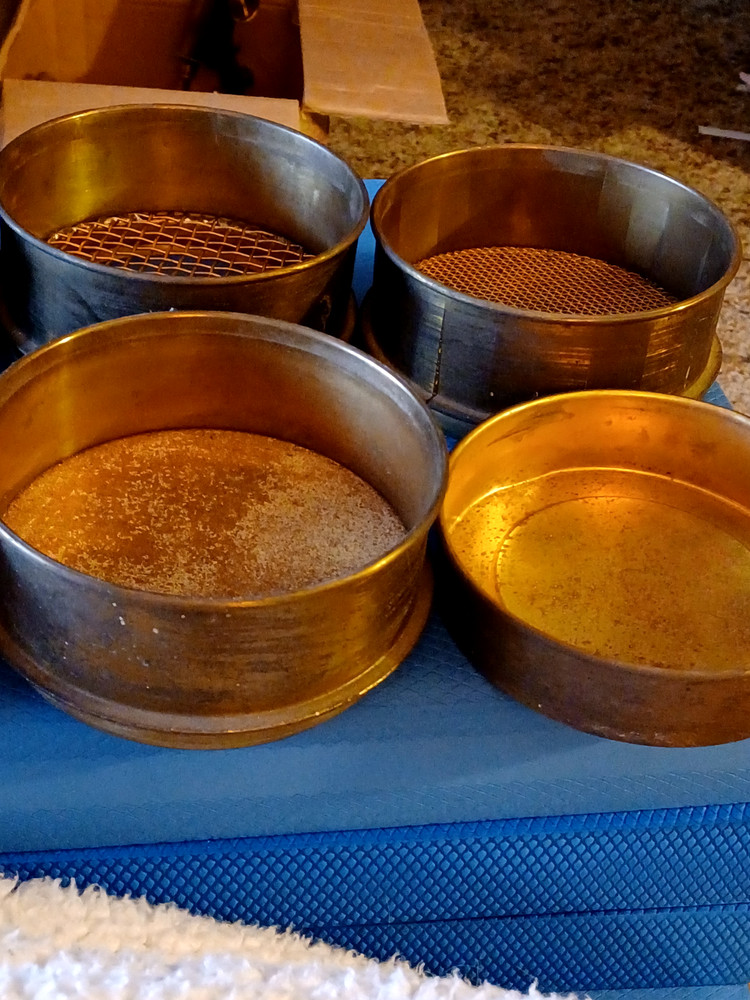 Vintage Brass Stackable Lab Sieves Set(5 + base pan + lid)-11" X 5"-DIAMETER