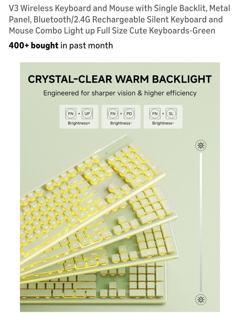 V3 Wireless Keyboard and Mouse with Single Backlit, Metal Panel, Bluetooth Green