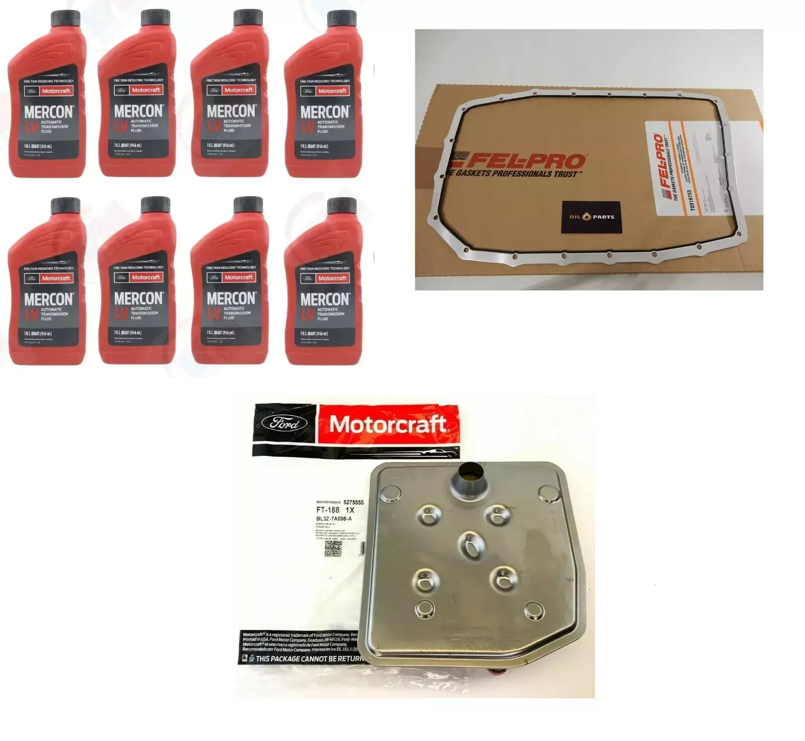 8x MOTORCRAFT MERCON LV FILTER  OIL PAN GASKET FOR 6R80 TRANSMISSION FORD