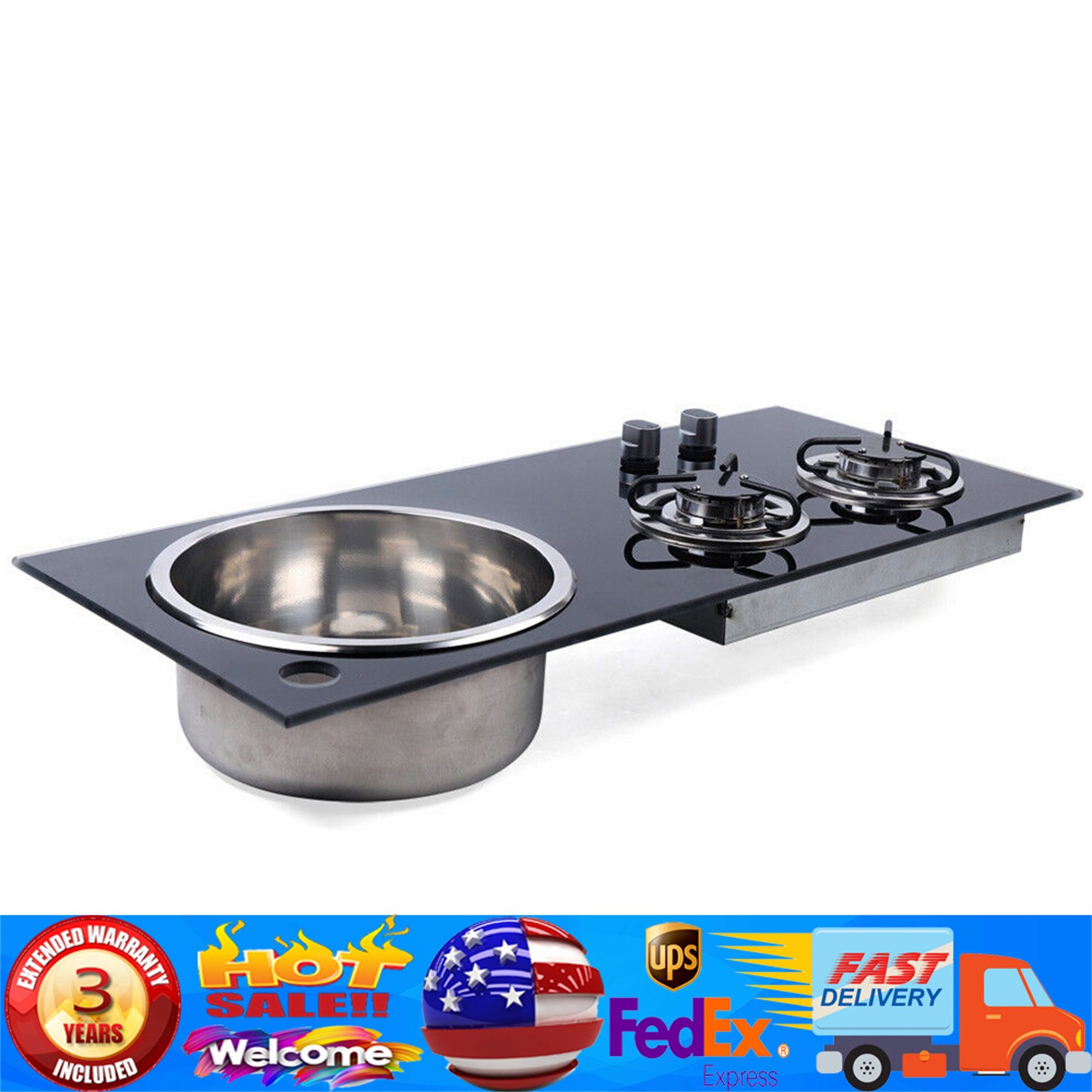 PortableBoat Caravan RV Camper 2 Burners LPG Gas Stove Hob and Sink Combo Black