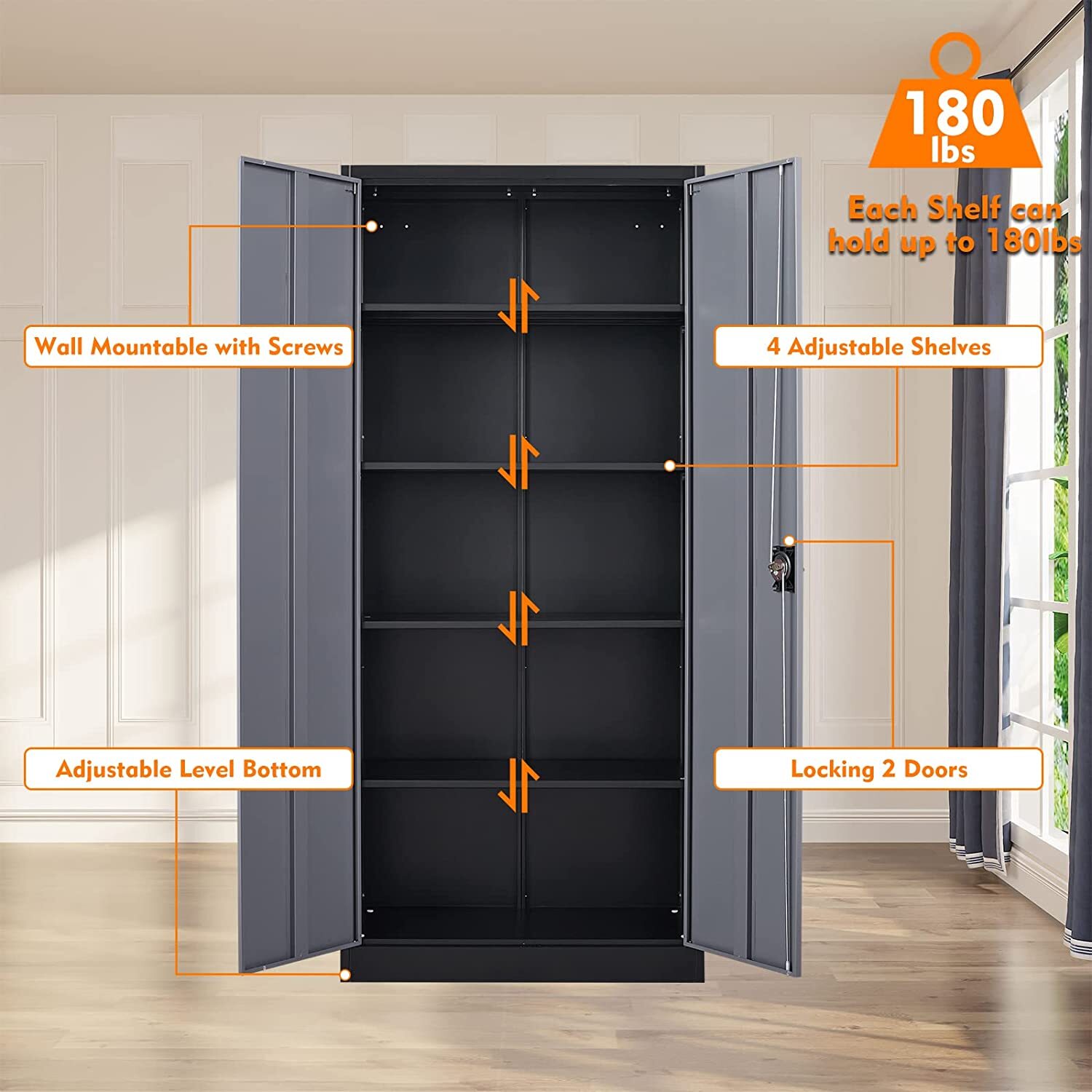 Metal Cabinet 4 Adjustable Shelves 71H Locking Garage Storage Cabinet with Doors