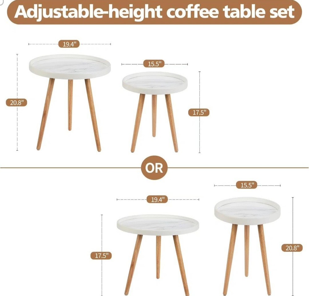 Round Side Table Set of 2,White Marble Pattern Tray Shaped Small End Table,Ci...