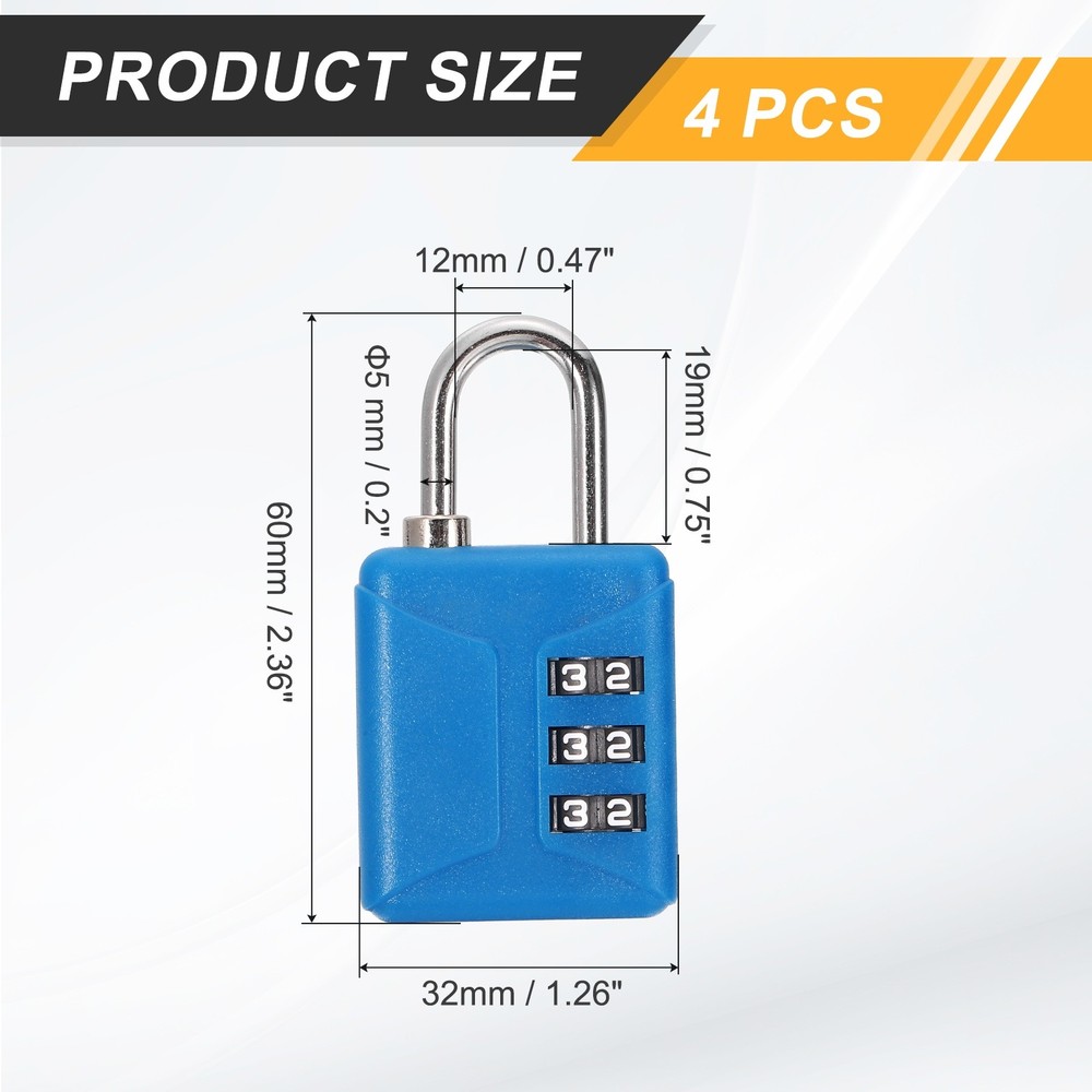 4pcs Resettable 3 Digit Plastic Combination Padlock, Blue (60 x 32mm)