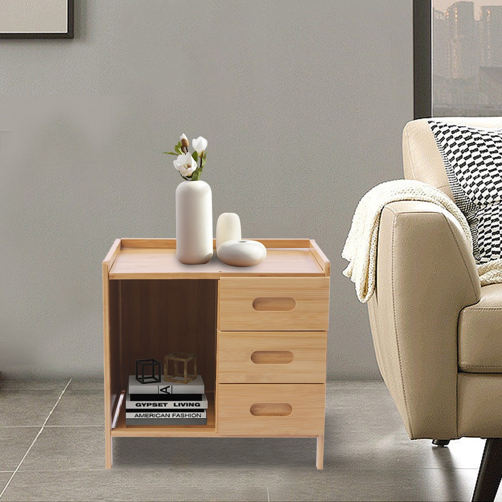 3 Drawers Bamboo Bedside Table Storage Box Bedroom End Side Table Large Capacity