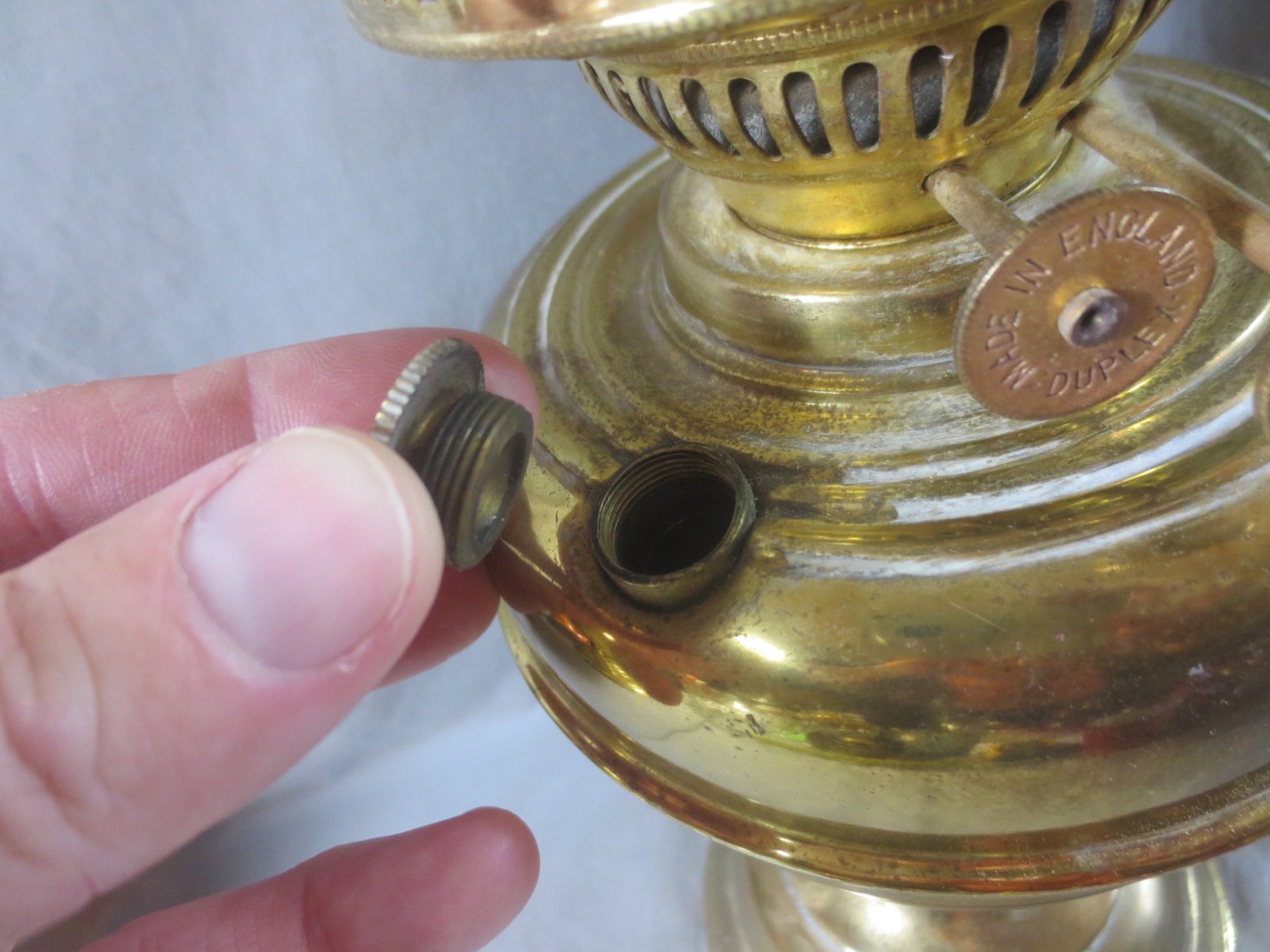 Vintage Made In England Brass Duplex Oil Lamp And Chimney Shepards Hut Lamp