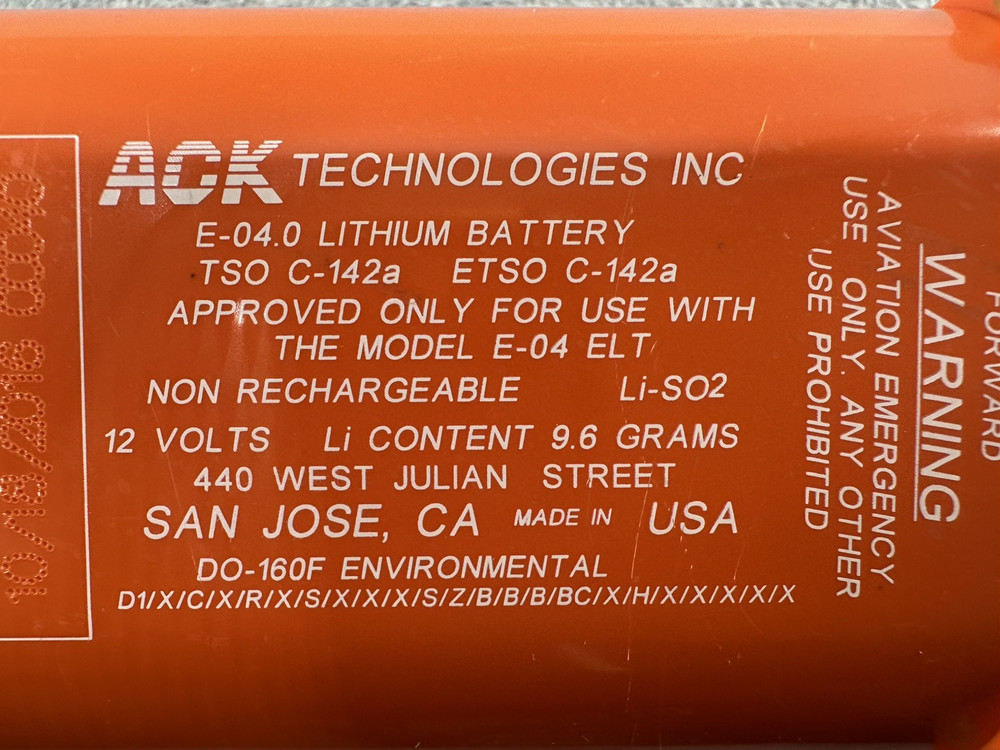 ACK TECHNOLOGIES E-04.0 - Replacement Battery For 406MHz ELT Exp:10/18/21. P