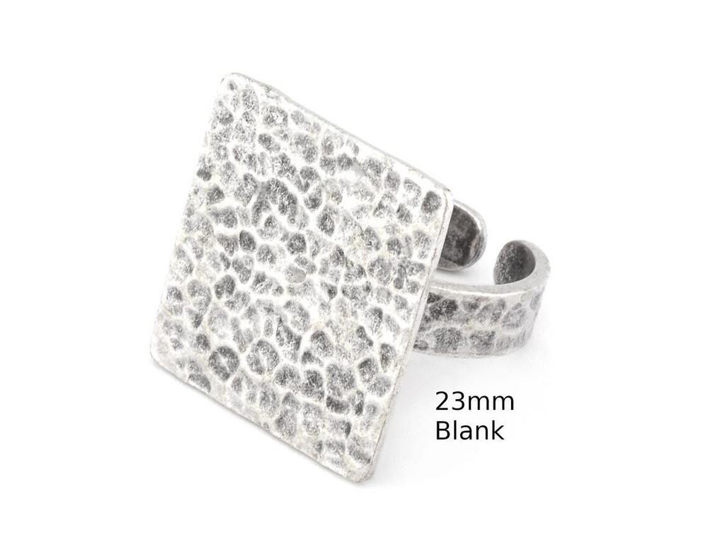 Square Hammered Adjustable Ring Blank Bezel  Antique Silver Plated Brass 4934