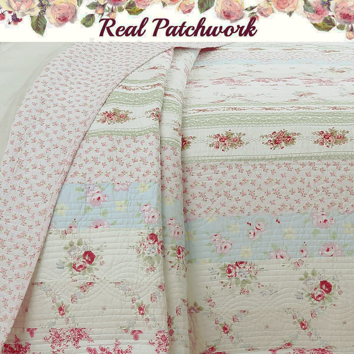 COZY COTTAGE WILD ROSE 3pc Queen QUILT SET : COTTON VINTAGE PINK GREEN BLUE