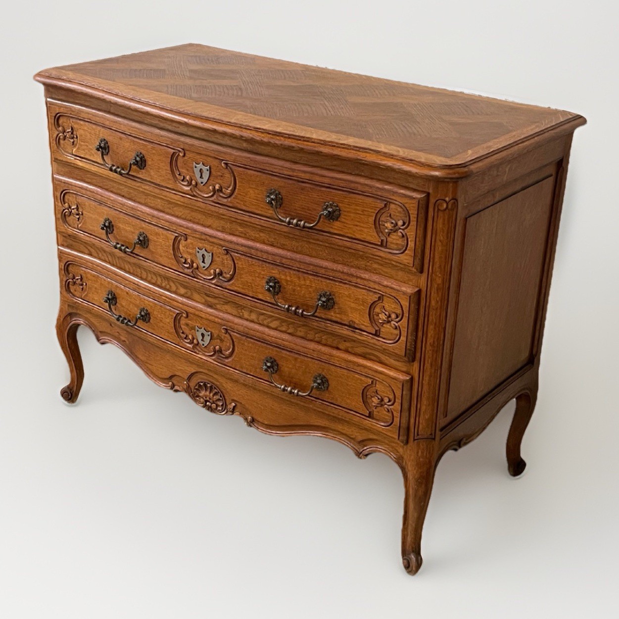 Antique French Provincial Louis XV Oak Three Drawer Chest Bedside Table