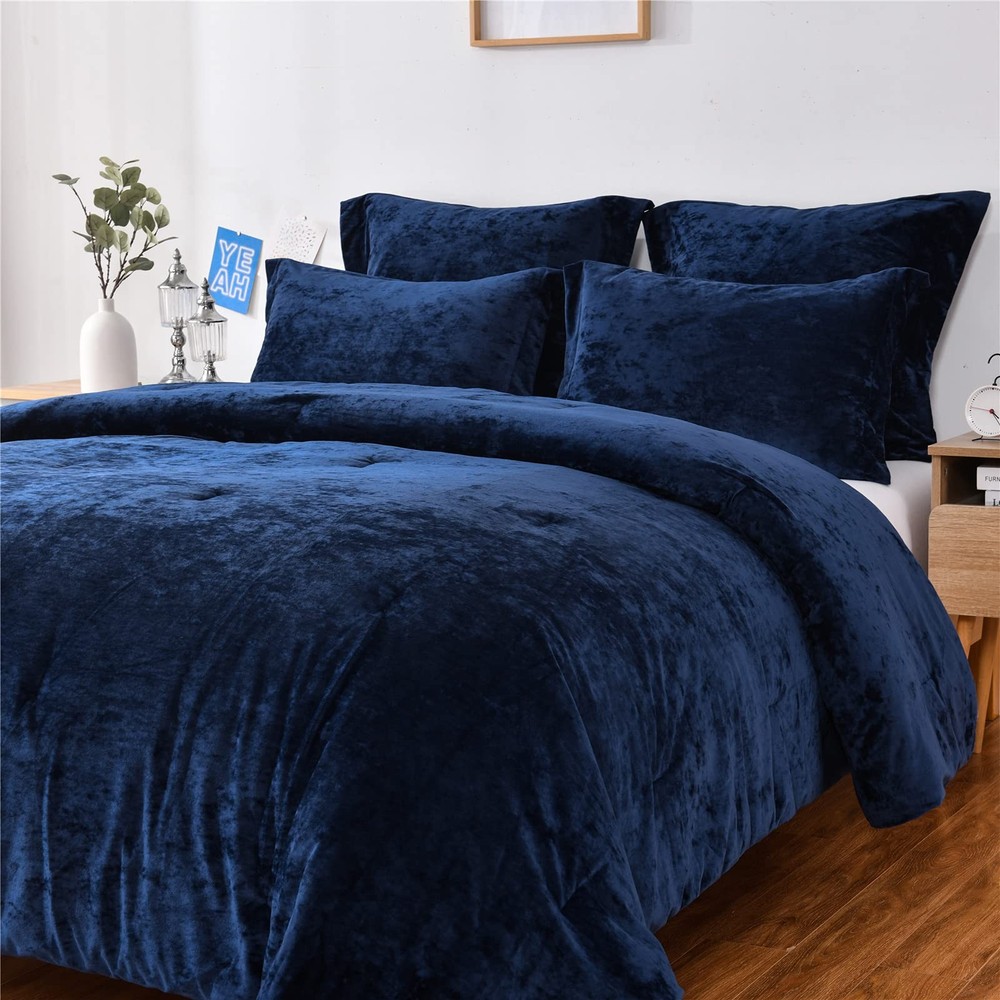 Distressed Velvet Comforter Set, Distressed Velvet Face and Brushed Solid Mic...
