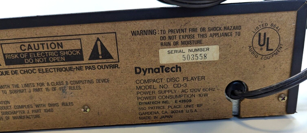 Rare 1986 DynaTech CD-3 Compact Disc Digital Audio CD Player Japan (Working)