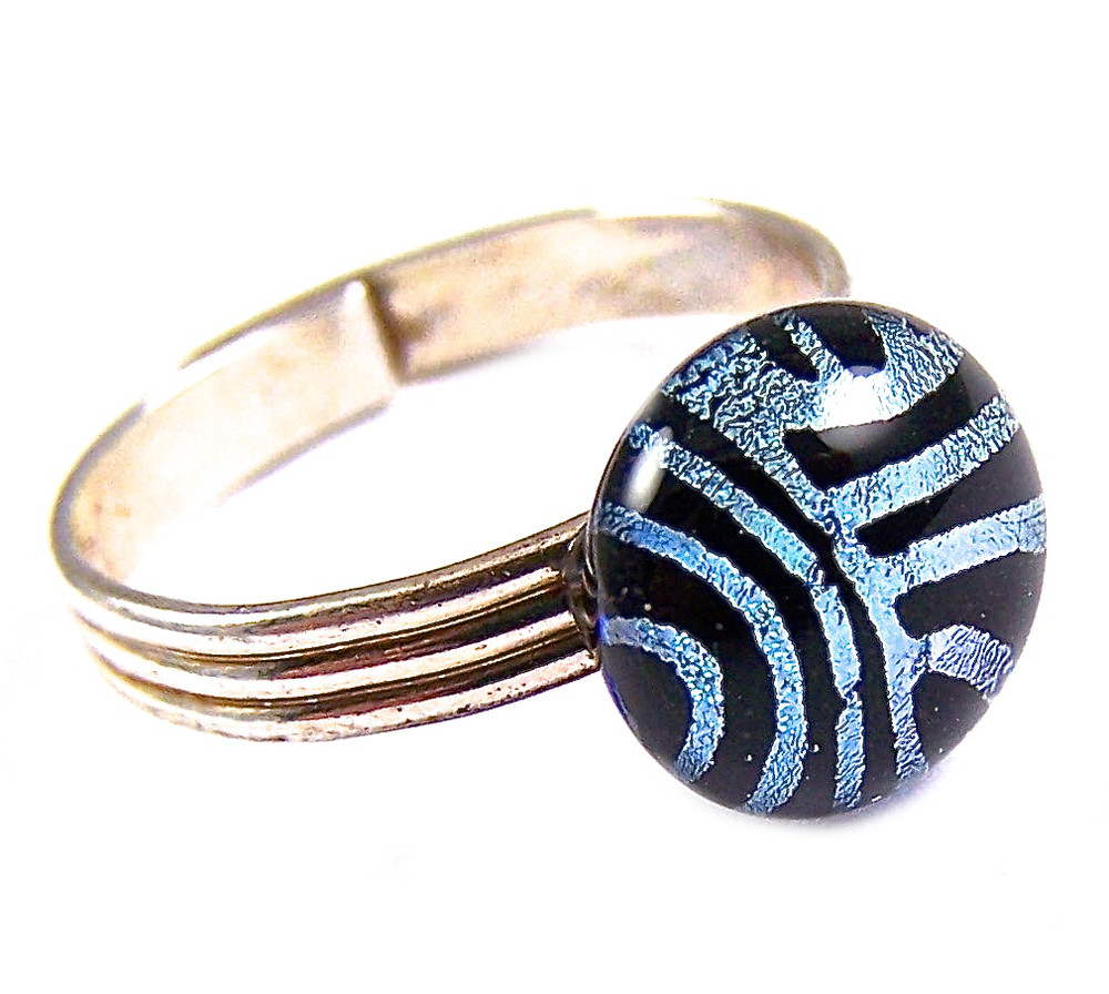 Dichroic Ring Green Grey Striped Patterned Glass Tiny Adjustable Silver 1/4" 8mm