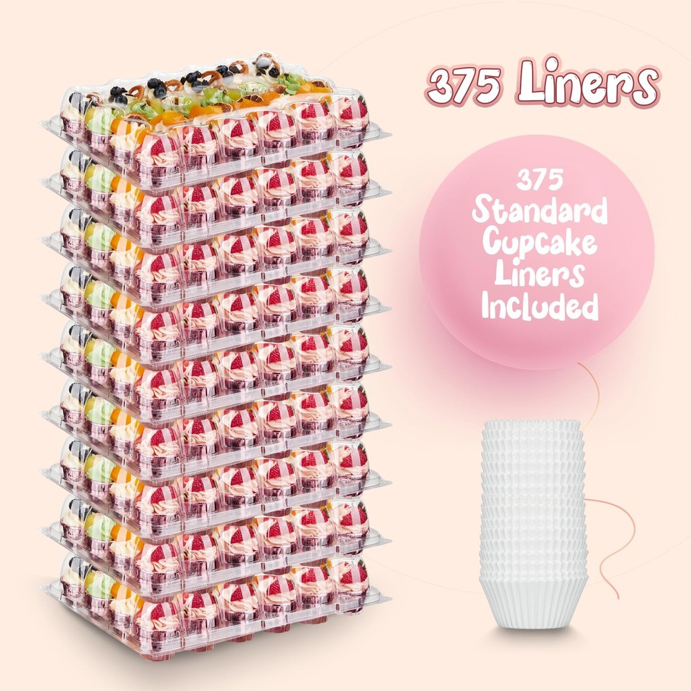 24 Pack X 15 Sets Mini Cupcake Containers With 375 Pack Cupcake Liners Plastic