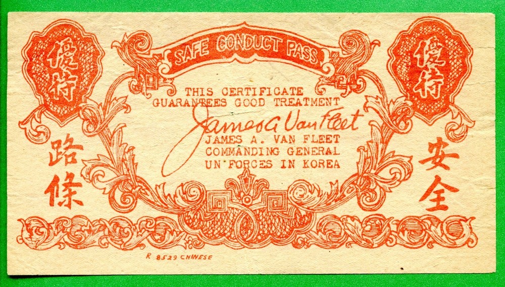 KOREAN WAR LEAFLET SAFE CONDUCT PASS JAMES A VAN FLEET