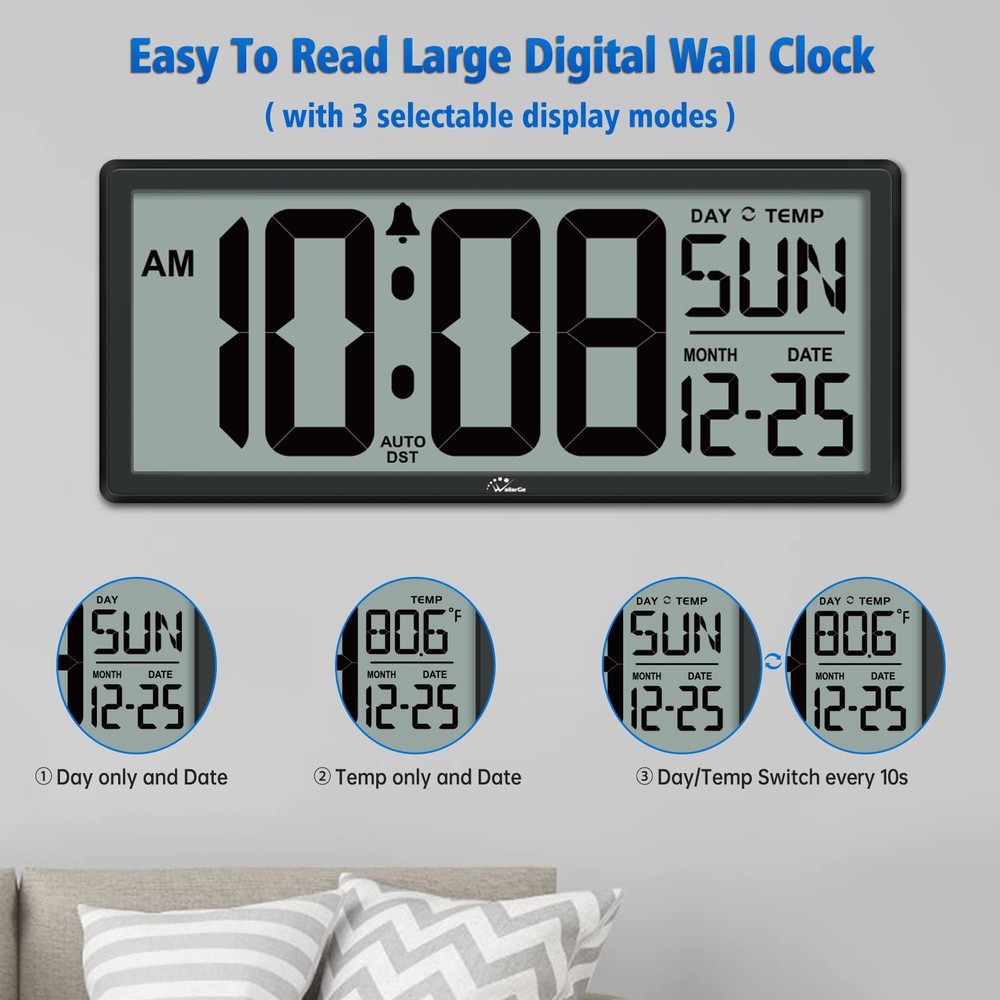 WallarGe 14.5'' Digital Clock: Jumbo Display, Temp, Date, Easy Set & DST