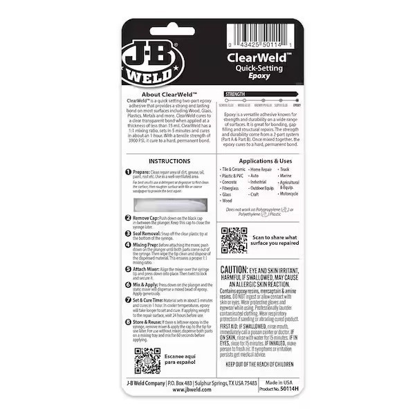 JB Weld 50114 ClearWeld Quick Setting Epoxy, Clear 0.47 oz.
